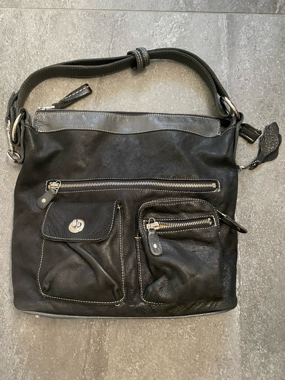 Roots Black Leather Shoulder Bag with Front Pockets